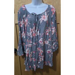 Lane Bryant Womens Floral Boho Tunic Top 22/24 Gray & Pink Crinkle Fabric